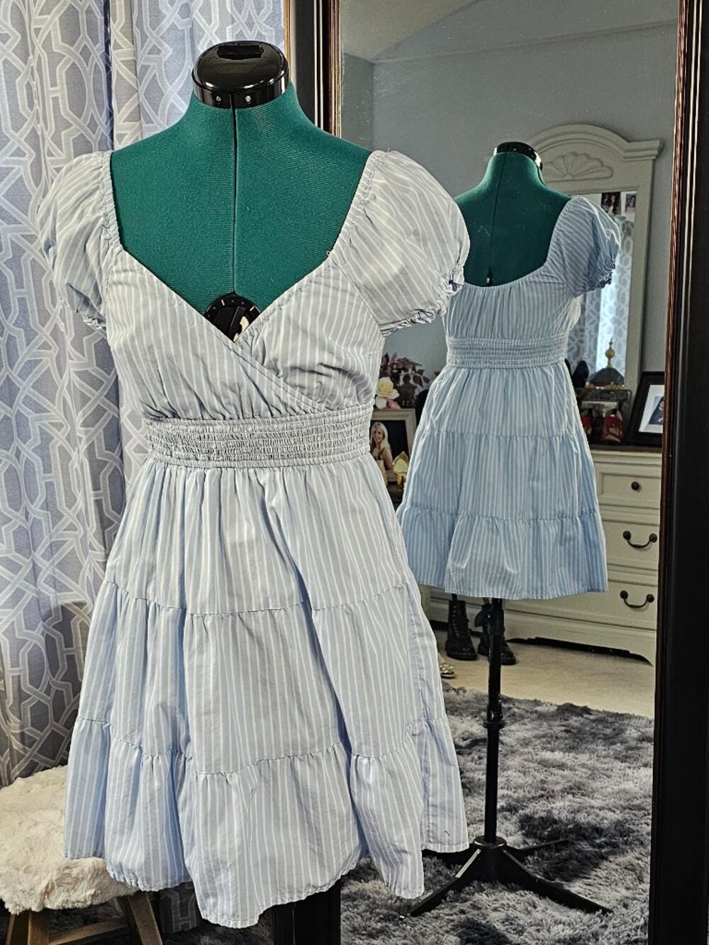 Hollister Blue & White Striped Tiered Mini Dress, Size XS